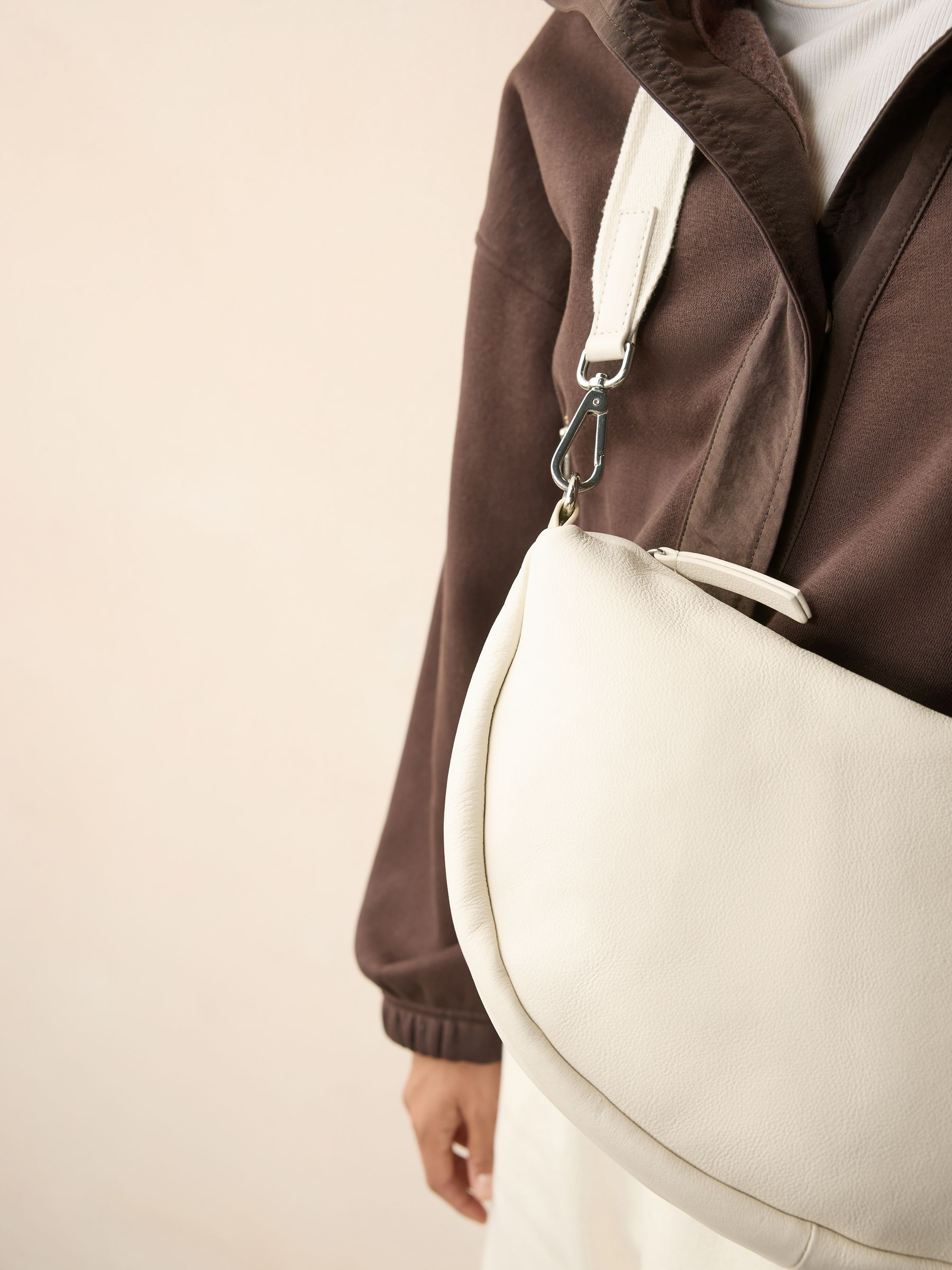 Bone Suede Finish Leather Sling Cross-Body Bag