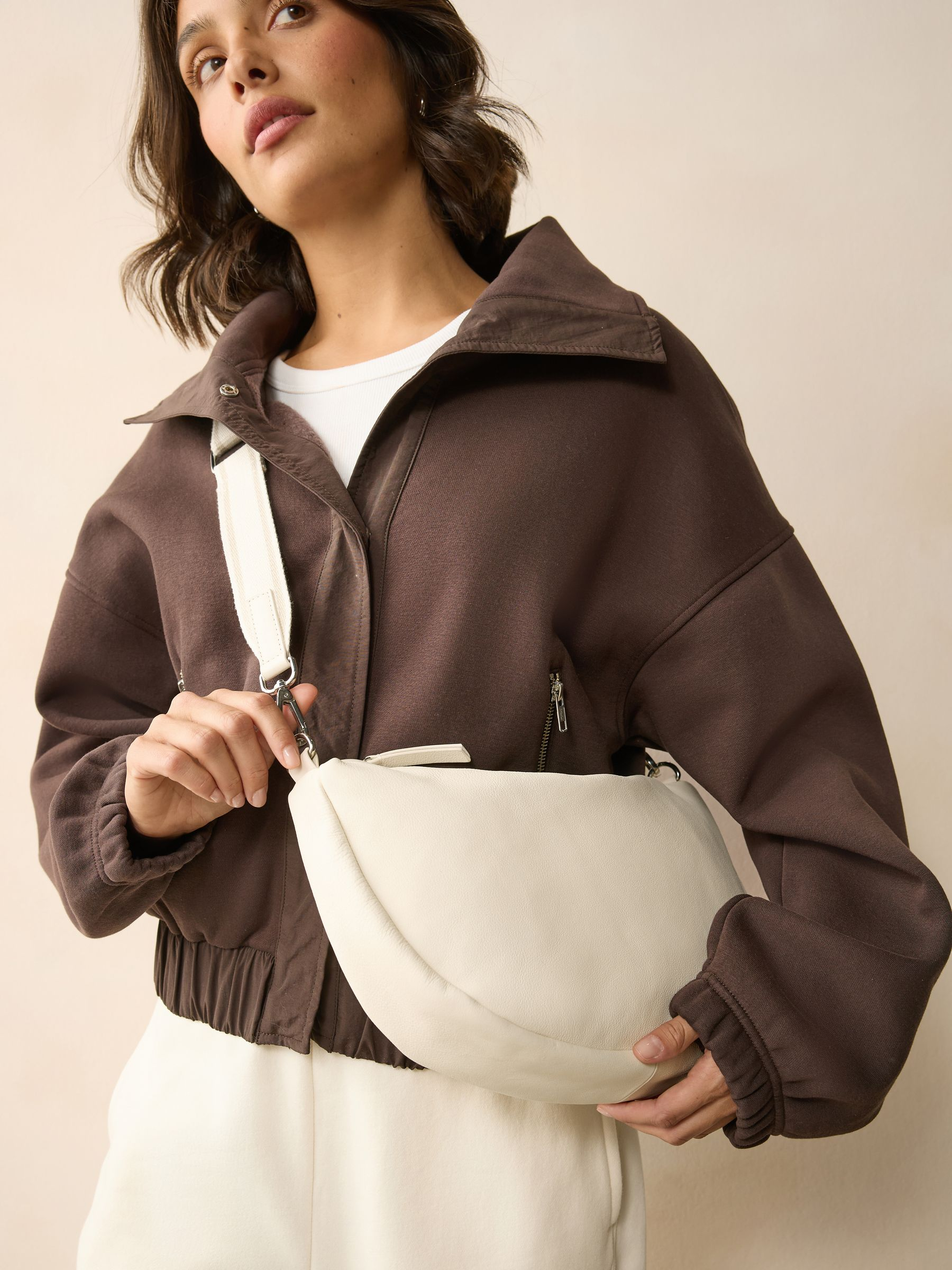 Bone Suede Finish Leather Sling Cross-Body Bag
