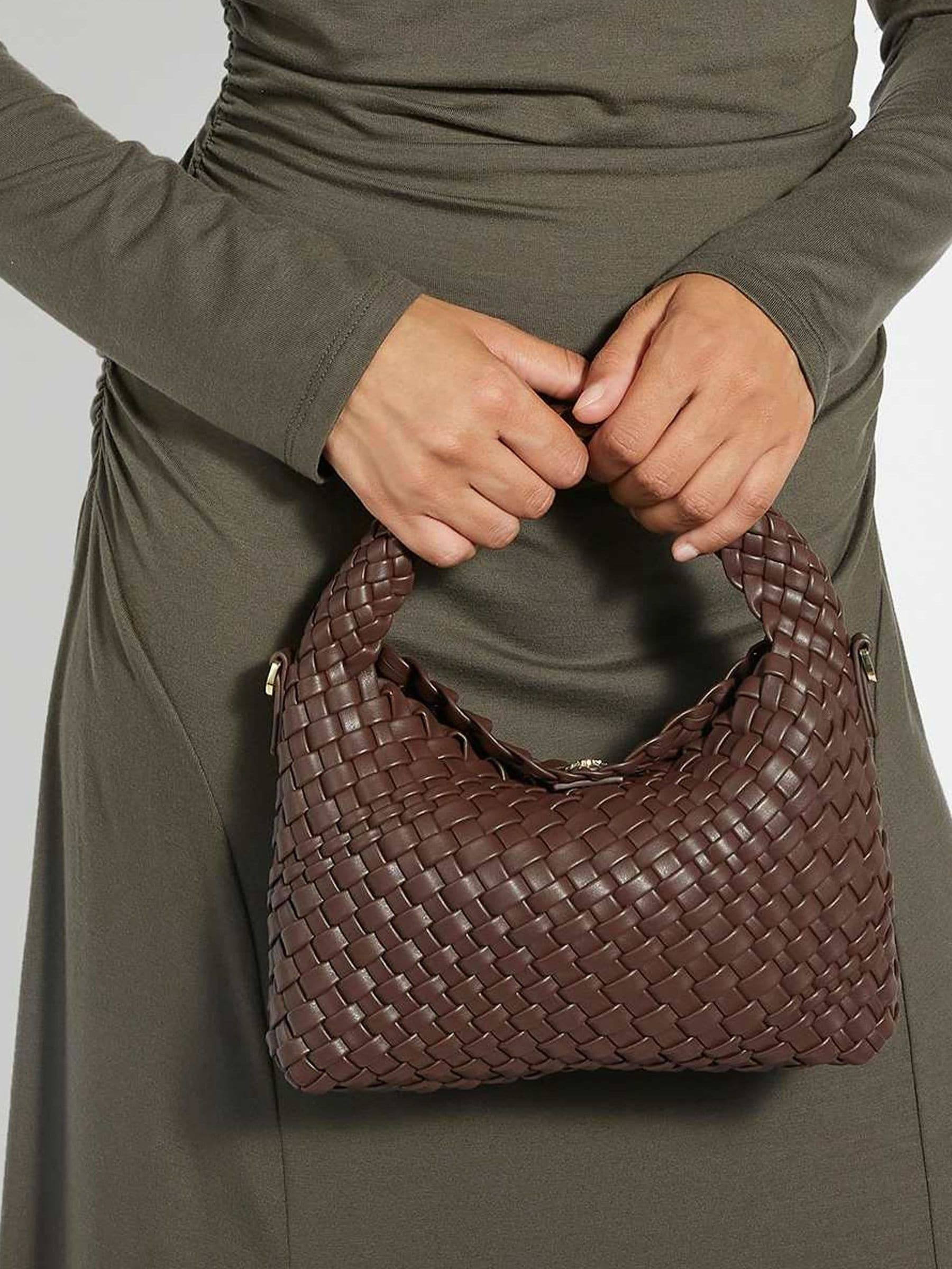 Dune London Dark Brown Dinky deliberate Mini Woven Slouch Bag